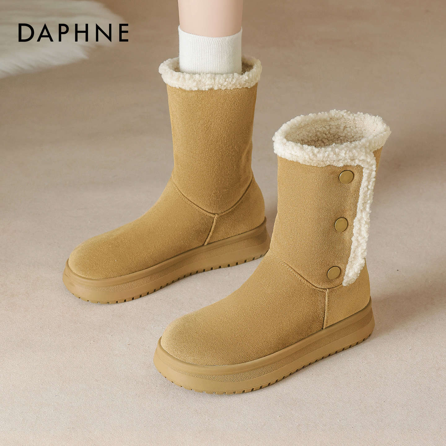 达芙妮官方旗舰加绒雪地靴女棉鞋