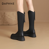 达芙妮v口长筒靴女2025秋冬新款 高筒靴弹力厚底显瘦黑色长靴子女