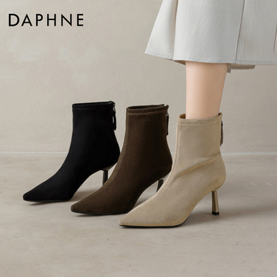 达芙妮高跟短靴女黑色尖头瘦瘦靴