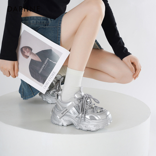 女款 女鞋 2025新款 厚底增高显脚小运动休闲鞋 秋季 达芙妮银色老爹鞋