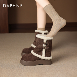 达芙妮加绒雪地靴女2025新款冬季厚底靴子短靴中筒靴保暖勃肯棉鞋
