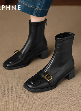 达芙妮黑色小短靴女2026新款冬季加绒法式马丁靴方头高跟瘦瘦靴子