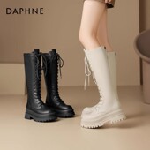 达芙妮厚底马丁靴女冬季 长筒2026新款 靴子秋冬白色系带高筒骑士靴