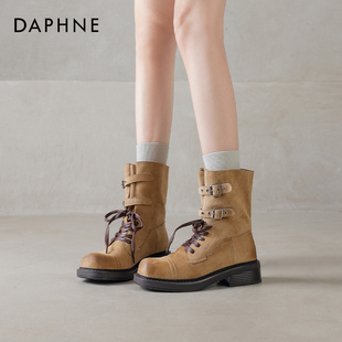 达芙妮复古美拉德短靴子女款2025新款秋冬机车马丁靴皮带扣中筒靴