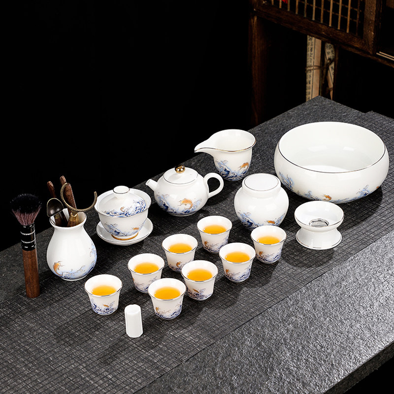 羊脂玉白瓷功夫茶具套装家用泡茶壶轻奢高档陶瓷盖碗办公室喝茶杯,餐饮具,功夫茶具,淘宝优惠券,粉丝福利购,淘宝优惠卷