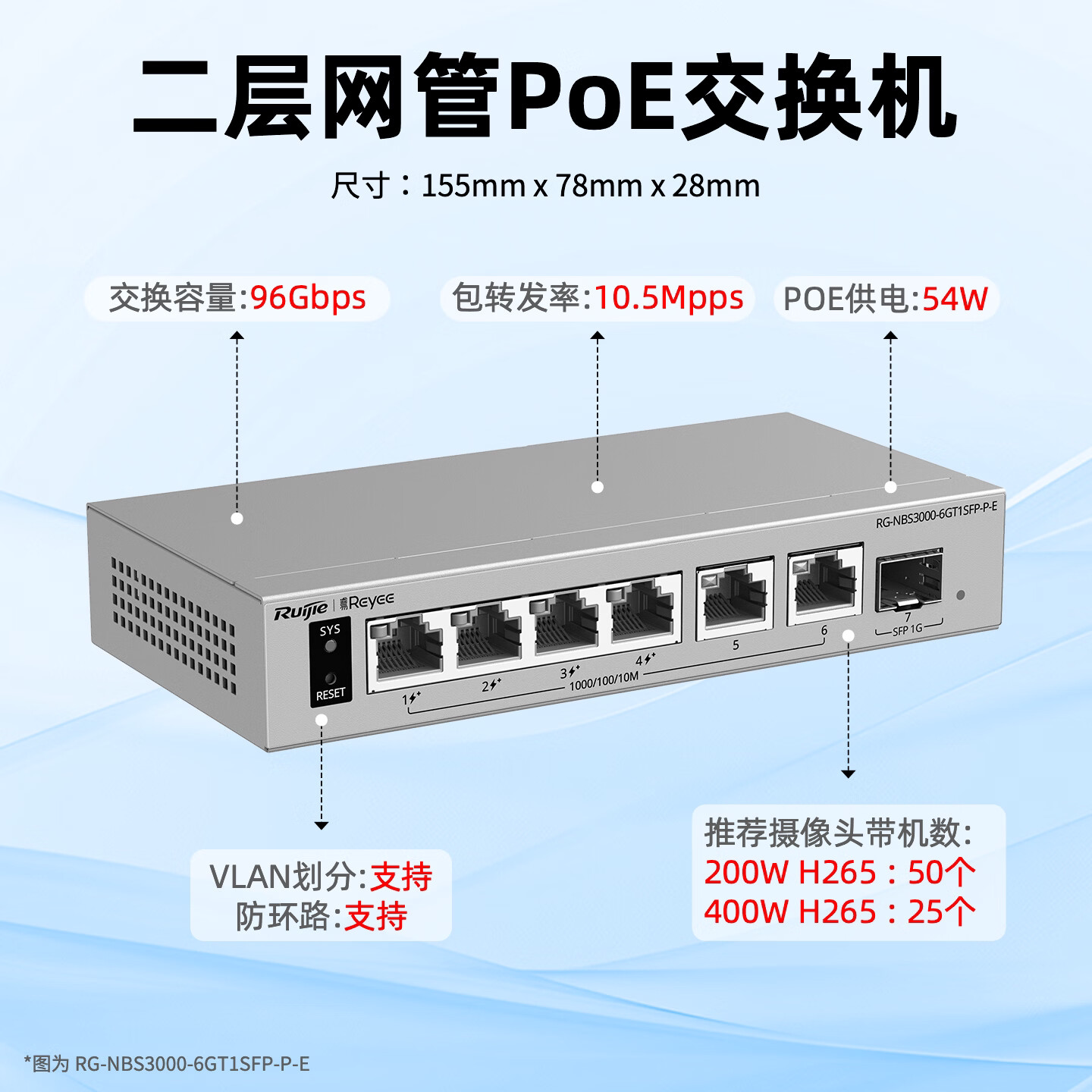 Ruijie锐捷睿易POE交换机RG-NBS3000-6GT1SFP-P-E 网管型企业安防监控 4口POE供电+2口千兆电口+1口千兆光口