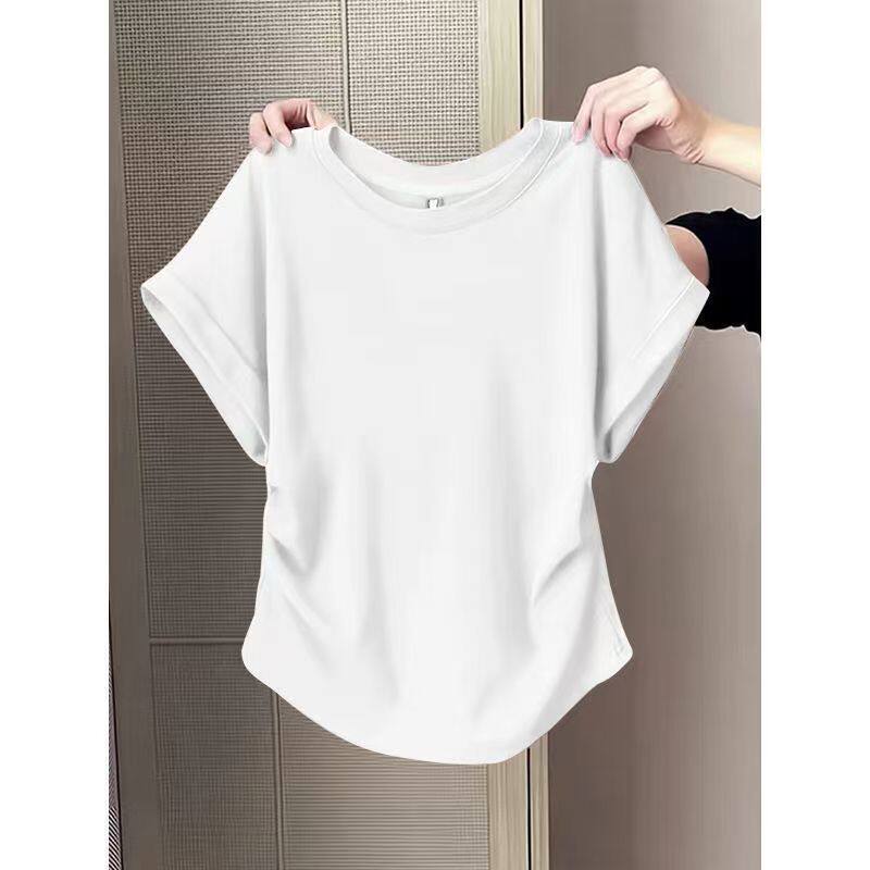 夏季新款纯色简约微胖短袖t恤女修身显瘦休闲百搭小众设计感上衣