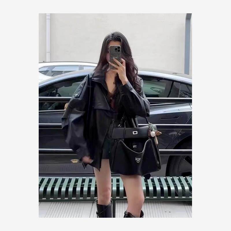 黑色复古翻领PU皮衣外套女时尚宽松酷飒风2025新款机车夹克上衣潮