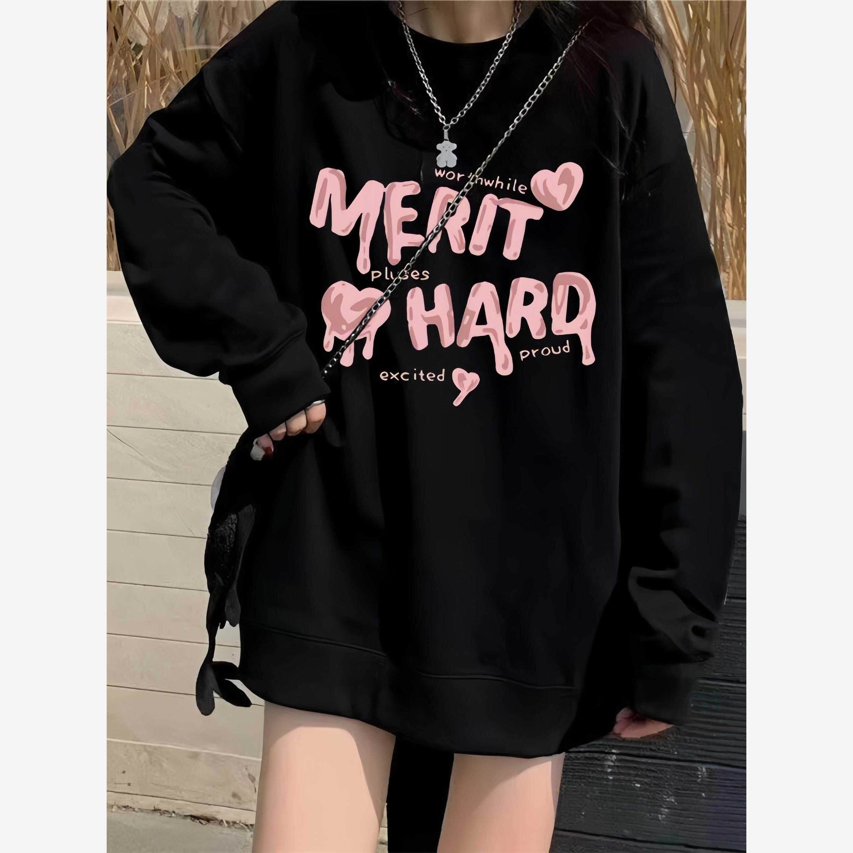 慵懒风字母印花圆领卫衣女2025秋季新款宽松显瘦黑色时尚长袖上衣