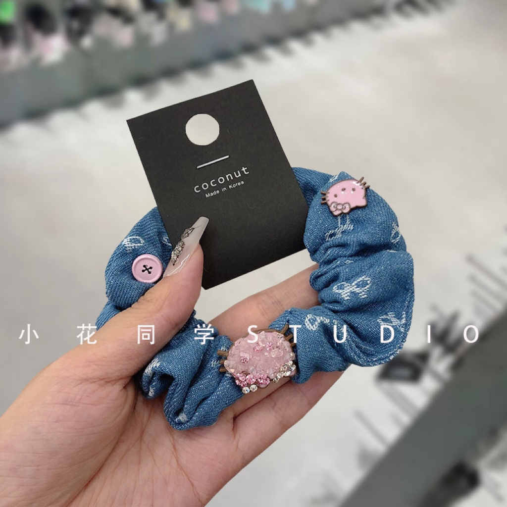 牛仔印花蝴蝶结粉色KT猫咪3D亚克力材质发圈钮扣粉钻发圈大肠圈