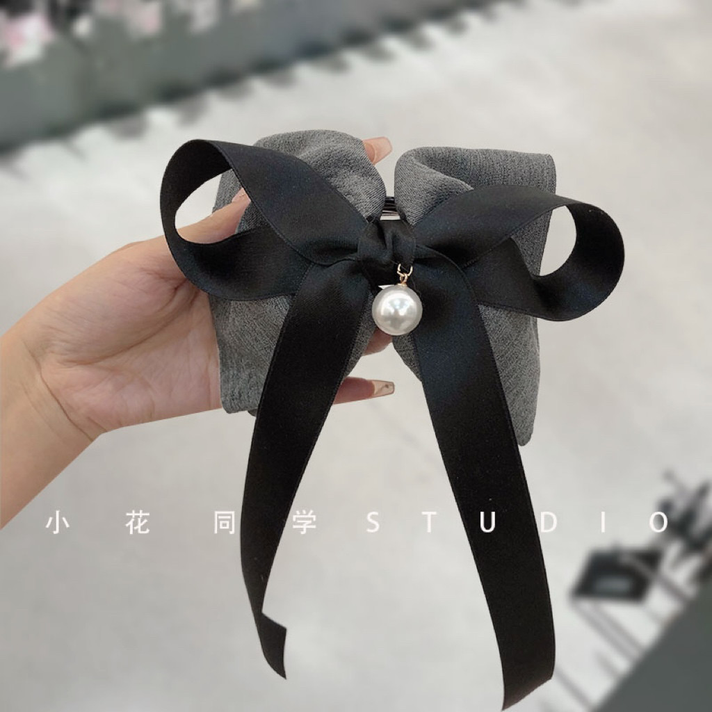 韩国饰品2025新款西服面料灰色山茶花印花蝴蝶结飘带马尾发抓夹