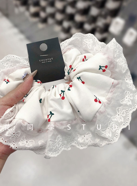 韩国发饰2025新款纯白色红色小樱桃印花蕾丝刺绣蝴蝶结发圈大肠圈
