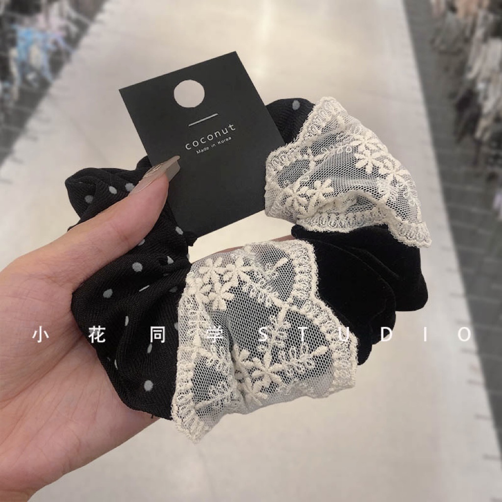 韩国发饰2024新款黑色灯芯绒纹理条纹圆点蕾丝刺绣丝绒拼接发圈