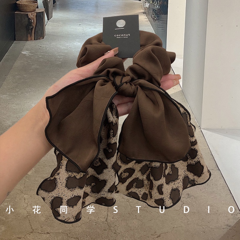 高级优雅气质豹纹蝴蝶结飘带发圈