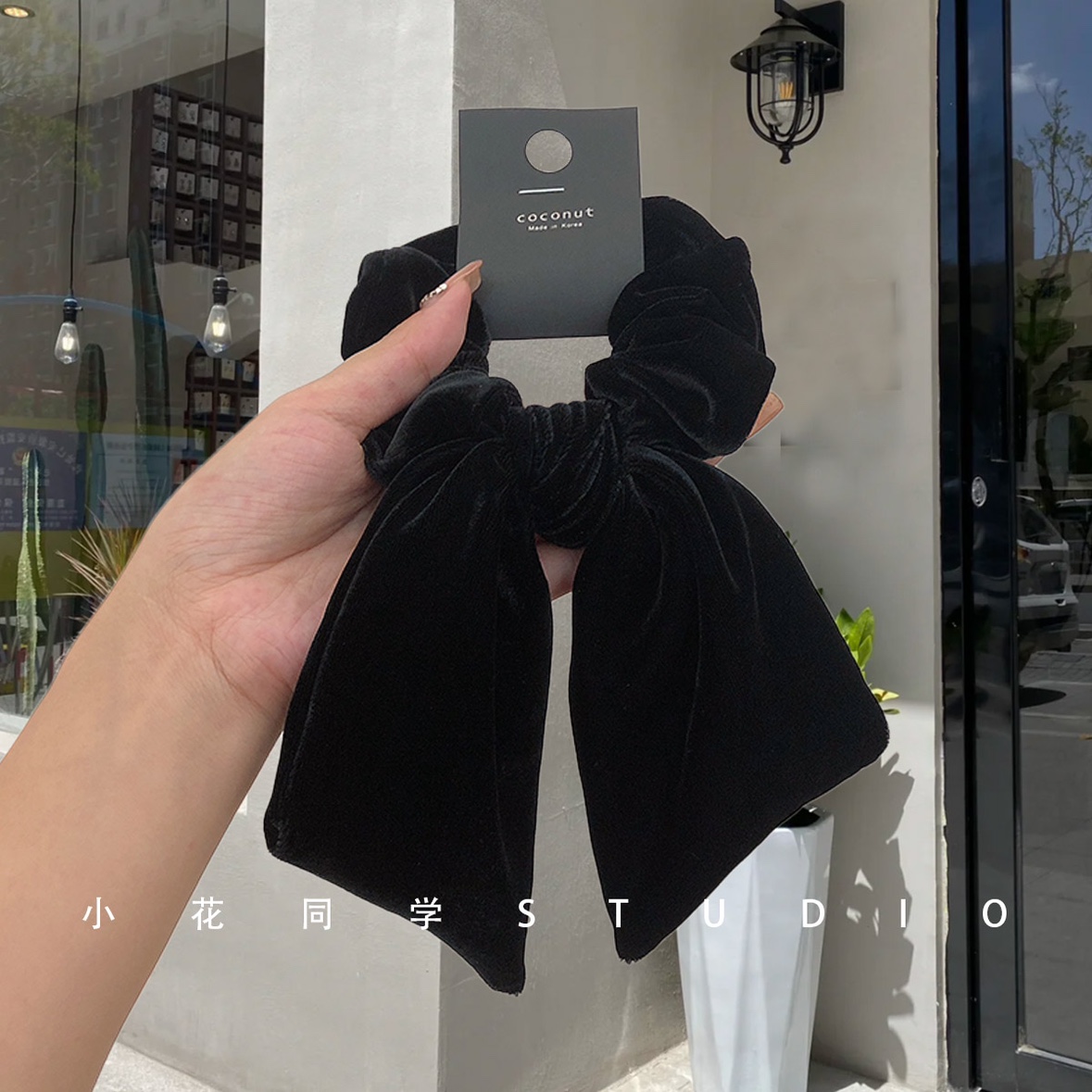 韩国发饰2024新款高级感精致超柔软黑色丝绒蝴蝶结飘带发圈发绳