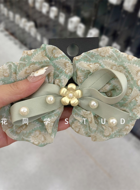 韩国发饰2024新款薄荷曼波绿色油画印花小碎花金色花朵蝴蝶结发夹