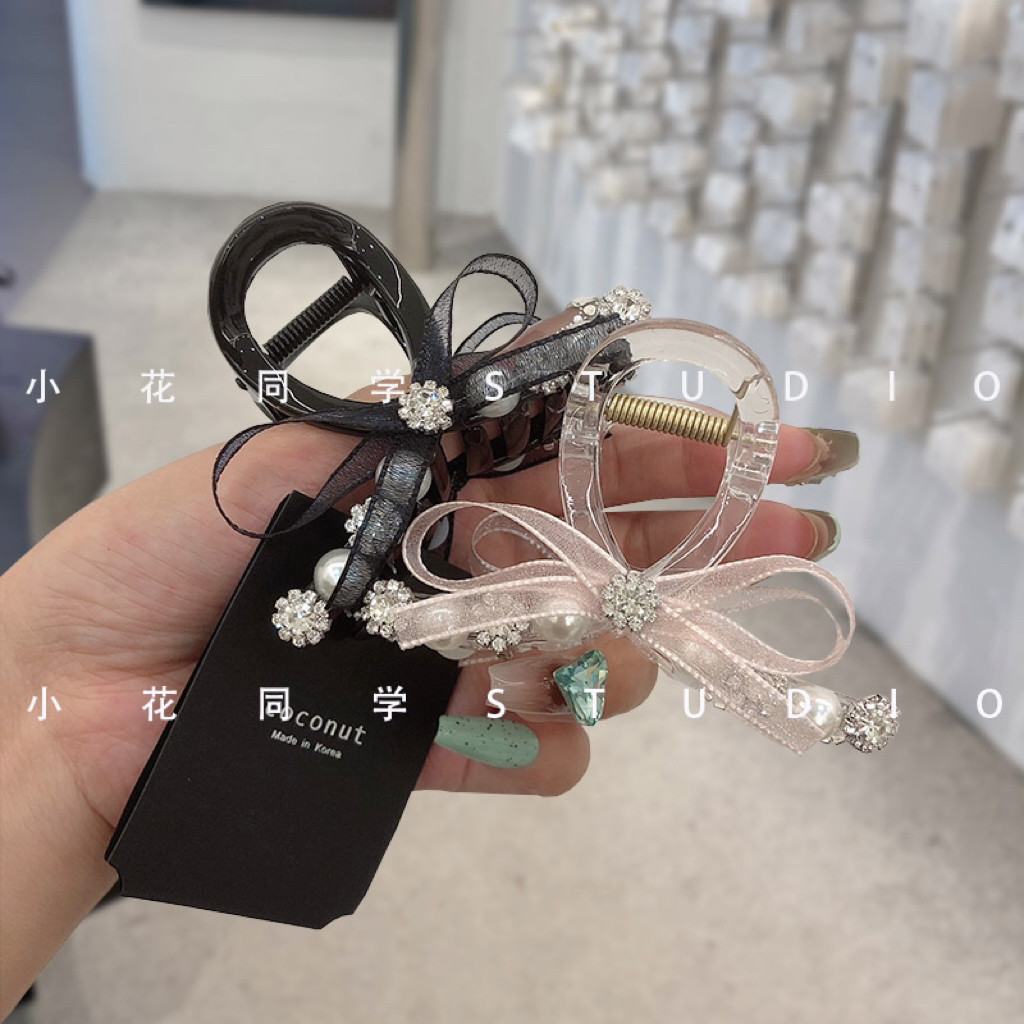 韩国发饰2024新款粉色黑色蕾丝蝴蝶结丝带镶钻水钻珍珠发抓夹头饰,饰品/流行首饰/时尚饰品新,发饰,淘宝优惠券,粉丝福利购,淘宝优惠卷