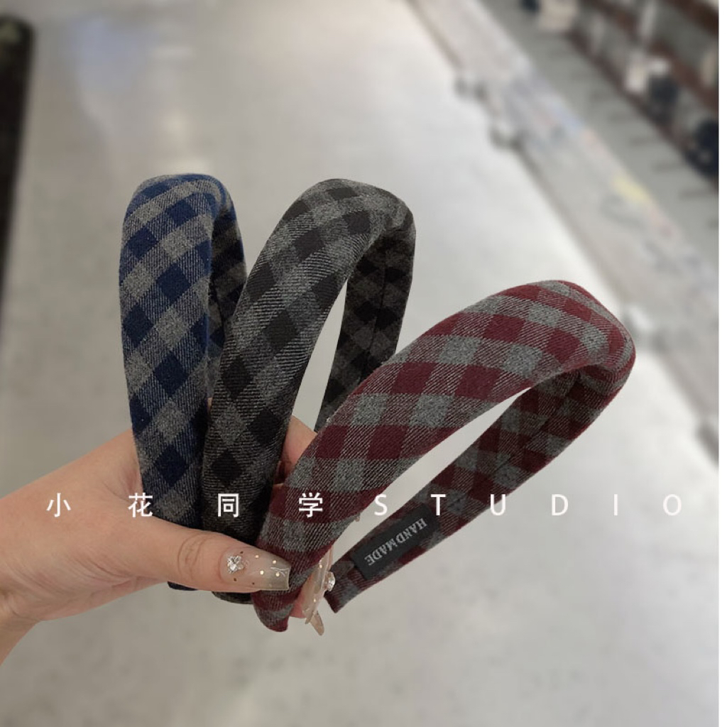 韩国饰品2024新款高颅顶安哥拉红黑色藏蓝色格子发箍高颅顶头箍