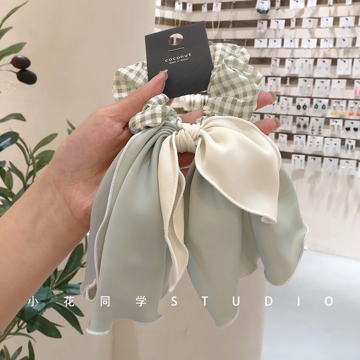 韩版发饰2024新款莫兰迪色豆绿色格子蝴蝶结飘带发圈大肠圈发绳