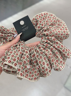 韩国饰品2025新款红色橙色黑绿色雪纺小红花印花发圈发饰