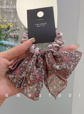 韩国发饰2024新款高级感酱紫色绿色小碎花蝴蝶结飘带发圈发绳头绳