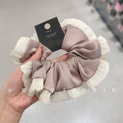 韩版饰品2025新款藕粉色黑色缎面米白色蕾丝褶皱木耳边发圈大肠圈