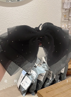 韩版饰品2024新款高级感纯色黑色欧根纱金色圆点蝴蝶结马尾发抓夹