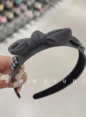 韩国发饰2024新款小香风Min字母格子灰色西服面料蝴蝶结发箍头箍