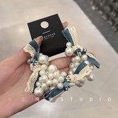 韩国饰品2025新款 精致爆款 浅蓝色牛仔蕾丝蝴蝶结珠光珍珠水钻发圈