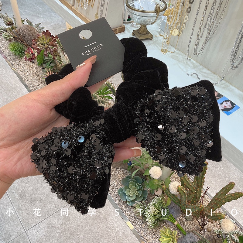 韩版发饰2024新款精致小香风亮片黑色丝绒双层蝴蝶结发圈发绳头饰