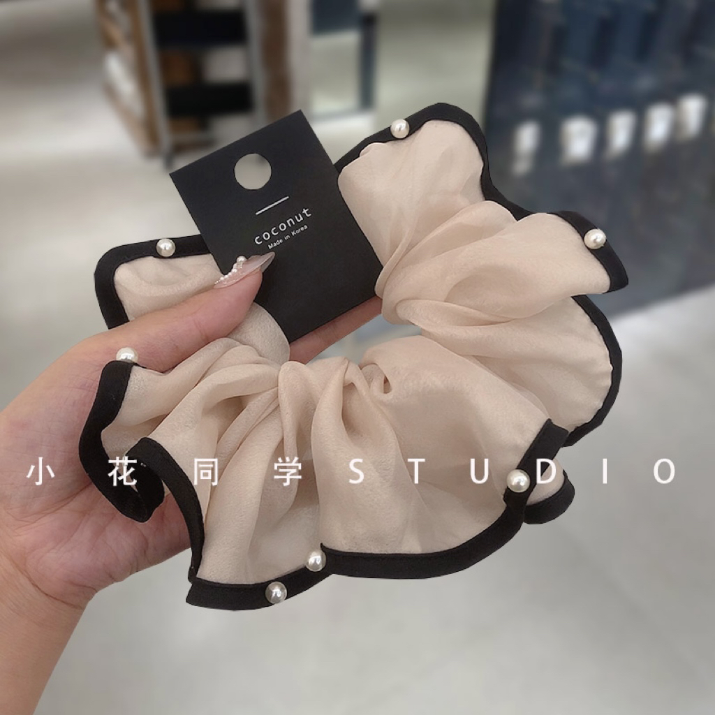 糯粉色奶昔白磨砂黑色欧根纱蝴蝶结珍珠钉珠发圈大肠圈发绳头饰