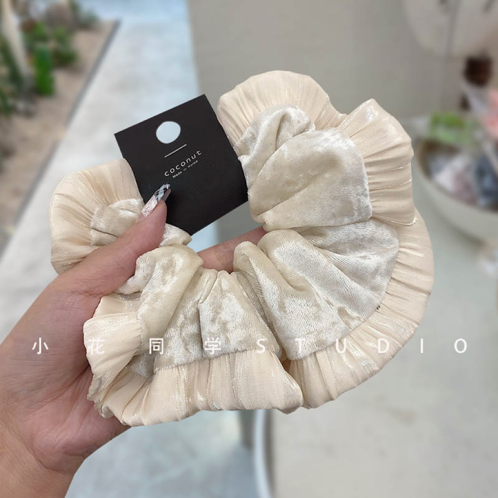 韩国发饰2024秋冬新款米白色黑色丝绒珠光木耳边发圈大肠圈发绳