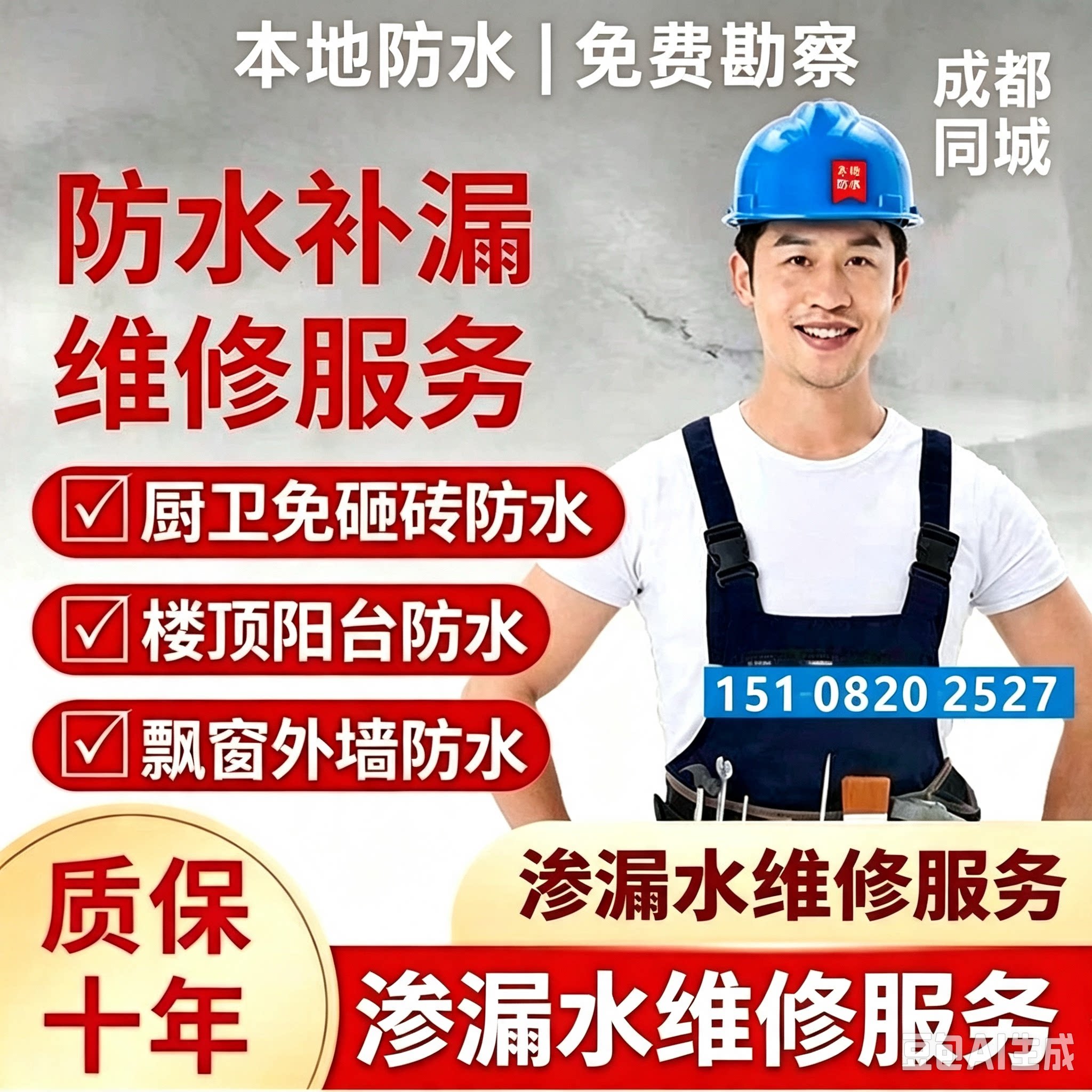 成都防水补漏屋顶卫生间免敲维修