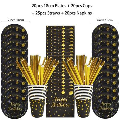 Black Gold Birthday Disposable Tableware Set Paper Plates Cu