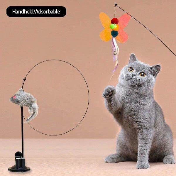 Cat 2 Head Feather Teaser Stick Suction Plate Set