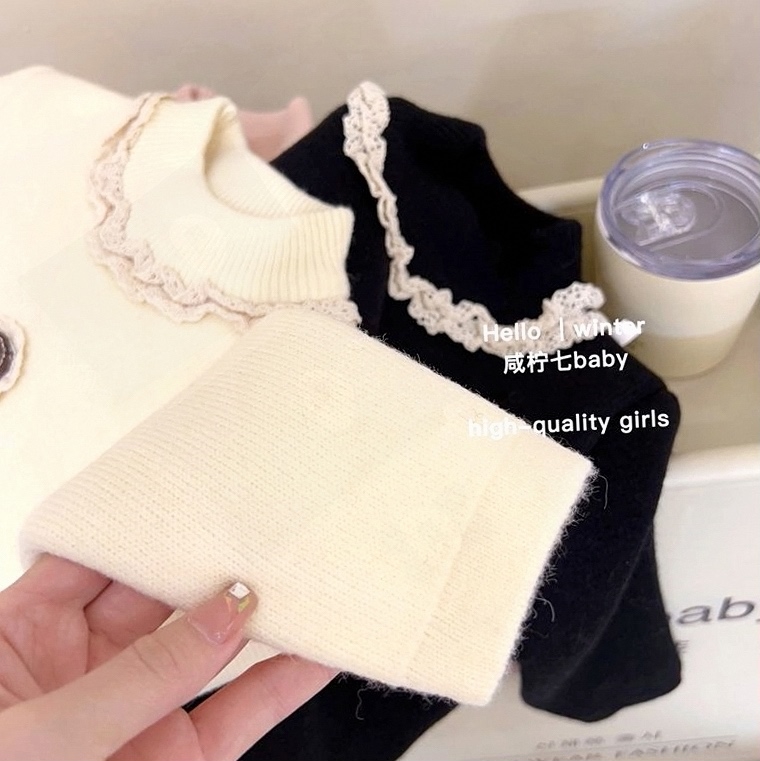 女.童打花朵针织长袖弹力套头底衫秋冬加绒加厚半高领女宝宝一体