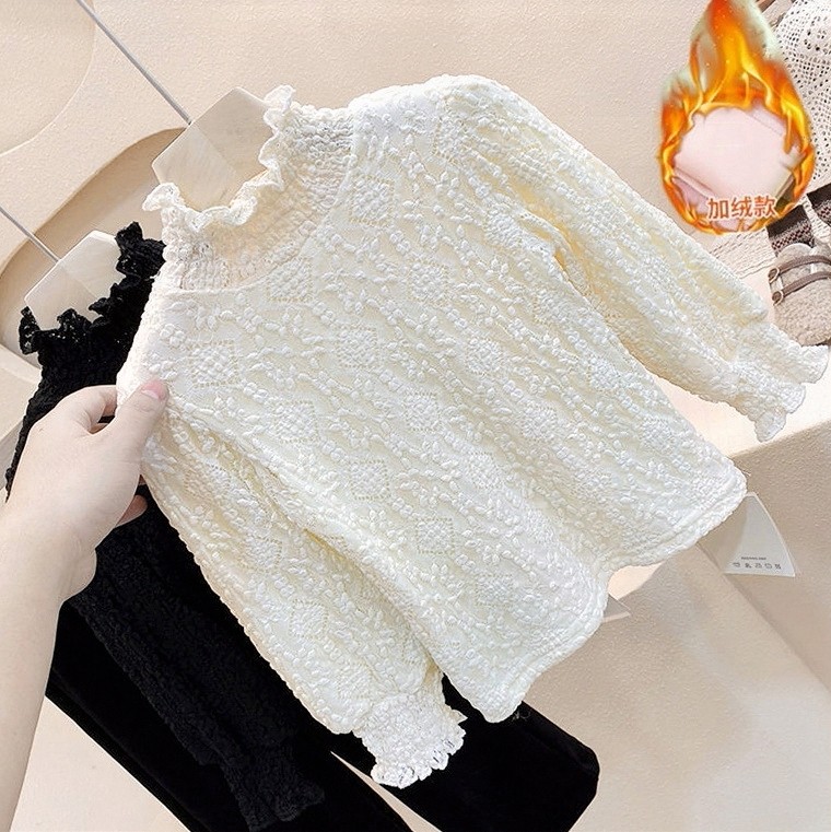 2024秋冬新款女童韩版时尚中高领亲子厚打底衫女孩洋气蕾丝上衣