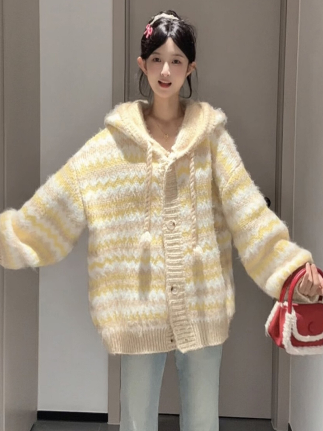 黄色拼色连帽毛衣外套女秋冬加厚慵懒风针织开衫独特漂亮早秋上衣