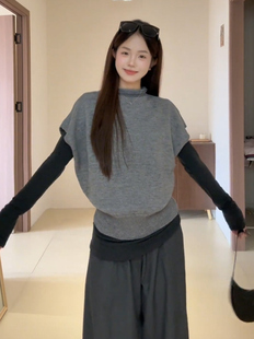 灰色半高领针织马甲背心女秋冬季慵懒风宽松无袖叠穿毛衣马夹上衣