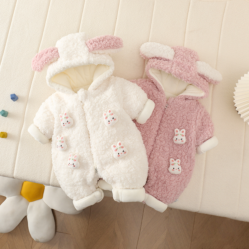 秋冬韩版公主风女立体小兔子厚棉哈衣哈衣爬服连体衣新生儿连帽
