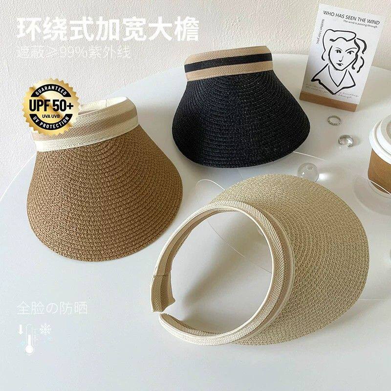 夏季电动车防晒遮阳发箍空顶太阳帽子女防风镂空大帽檐仿拉菲草帽