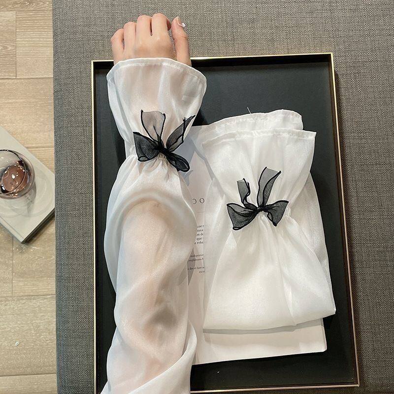 优雅素色珠光纱蝴蝶结防晒袖套女士夏季护手臂手袖宽松喇叭袖紫色