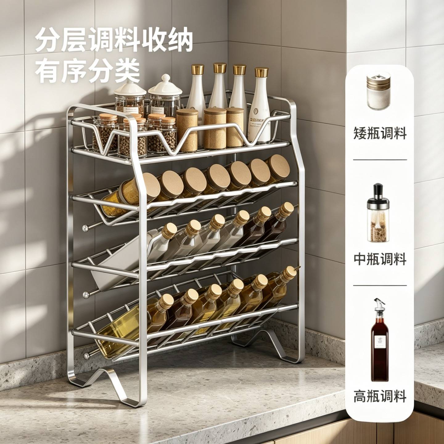 不锈钢架子厨房调味架桌面置物架免安装多层收纳架台面储物架图片