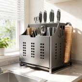 台式 不锈钢厨房刀架置物架多功能菜刀具筷笼一体收纳盒 筷子笼新款