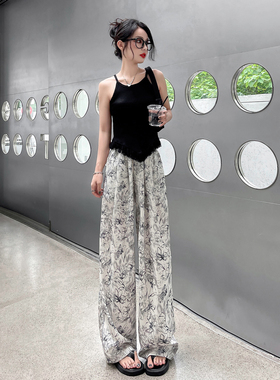 冰丝阔腿裤女夏季薄款2026新款高腰垂感水墨印花慵懒风防晒休闲裤
