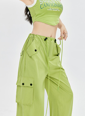 绿色工装裤女新款夏季美式爵士跳舞卫裤宽松垂感直筒休闲阔腿裤子