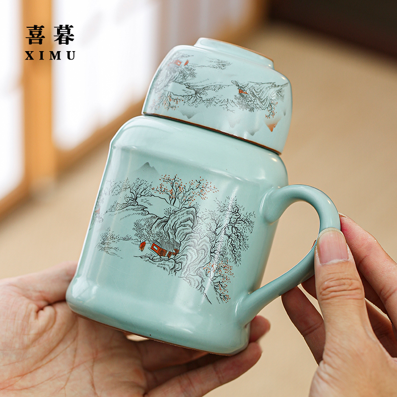 汝窑小暖壶家用带盖马克杯大容量创意陶瓷暖手瓶办公室泡茶壶茶杯
