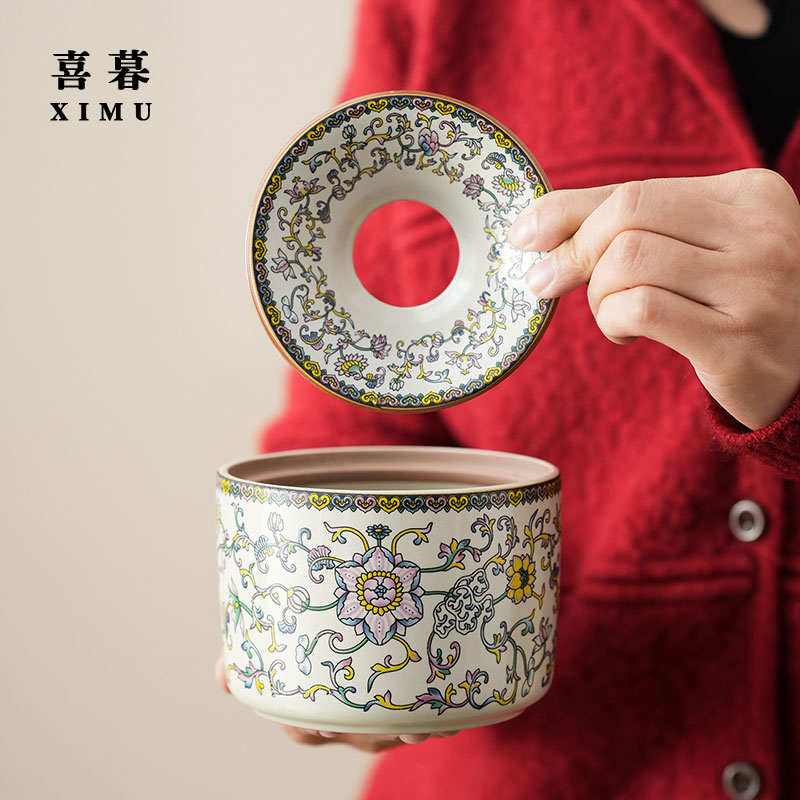 青花陶瓷汝窑时尚烟灰缸带盖防飞灰烟盅办公室家用中式漏斗高档