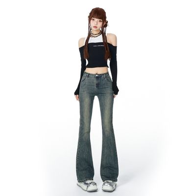 微喇薄绒牛仔裤女秋季新款高腰