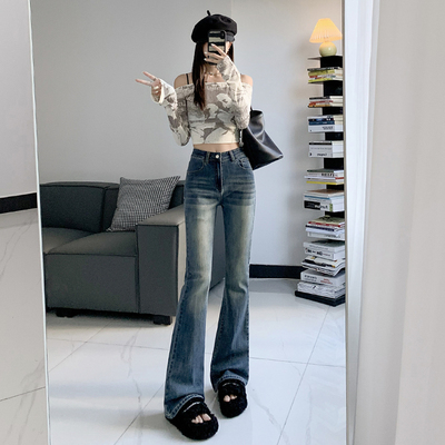 PVJ美式高腰复古微喇叭牛仔裤女2025春秋弹力新款修身显瘦马蹄裤